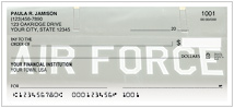 Show your support of the US military with these Air Force Checks. This striking design makes a bold statement with simple text spelling out Air Force. Let your patriotism and support shine with these personal checks. Matching address labels and a leather cover are also available. Order your Air Force checks today!      Product Description    Singles    Duplicates        Checks per pad    25    20        Pads per box    5    5        Checks per box    125    100        What's Included    FREE 20 Deposit Tickets and1 Transaction Register