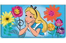Colorful smiling flowers add a charming and magical touch to this Alice in Wonderland leather checkbook cover. The bright blue cover featuring Alice coordinates perfectly with the Alice in Wonderland checks and sheet labels. Our checkbook covers are made of genuine leather and have a sewn in duplicate flap and plastic card and photo insert for all your daily essentials. Order your Alice in Wonderland cover today! Disney