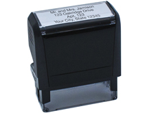 Our most popular stamp. The 4-Line self-inking stamp features a sleek black case and is smooth and quiet to use. Spring loaded plate re-inks after every impression. The multipurpose stamp can be used for envelopes and other documents that require your custom information.                                                                                              Up to 4 lines of personalization with 28 characters per line.Up to 20000 impressions without re-inkingImprint area 9/16 x 2-3/8